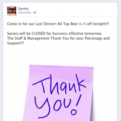 Image: Savory Restaurant & Lounge closes doors over the weekend