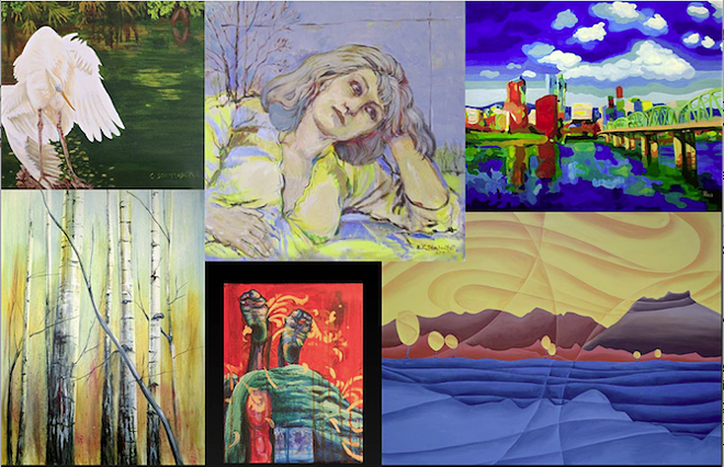 A sampling of the artwork displayed for Create Spokane Arts Month at the Liberty Building.