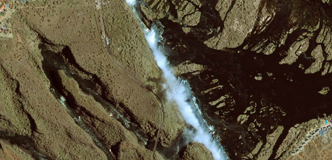 Victoria Falls, Zambia and Zimbabwe, as seen from space.