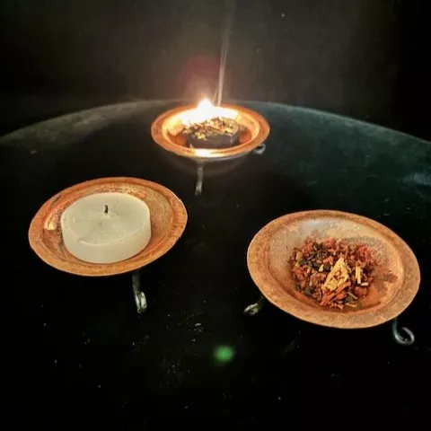 Copper Salt/Tea Candle Dish w/ Ornate Steel Stand