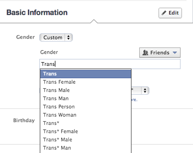 Inclusive gender options on Facebook