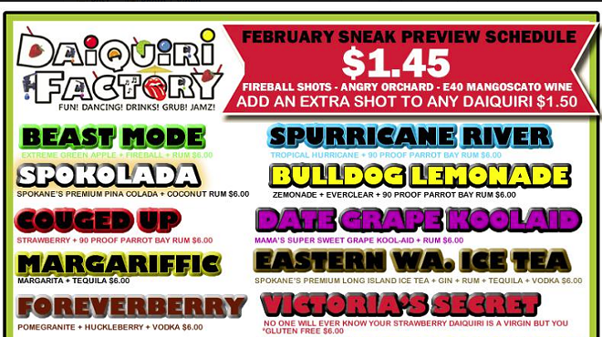 Image: On the menu at the Spokane Downtown Daiquiri Factory: 'Date Grape Koolaid'