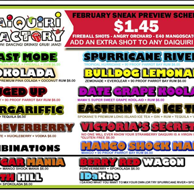 Image: On the menu at the Spokane Downtown Daiquiri Factory: 'Date Grape Koolaid'