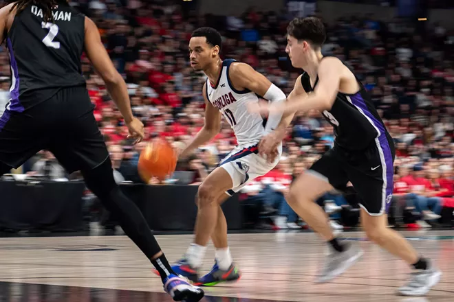 Image: Photos of Gonzaga's 81-50 win over Portland at the Community Cancer Fund Classic at the Spokane Arena on Thursday, January 2, 2025
