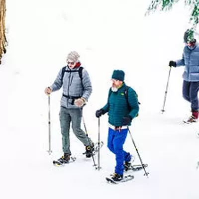Image: Group of people snowshoeing in a snowy forest.
