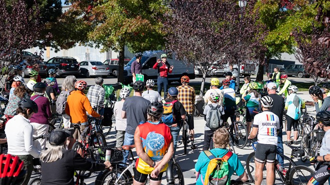 State Sen. Andy Billig and Spokane City Council member Zack Zappone tour bicycle infrastructure with a big crowd