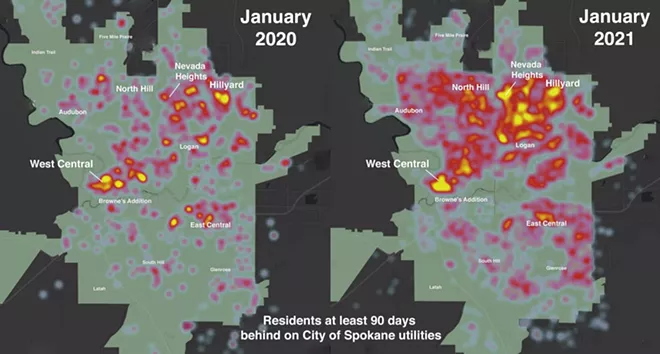 A map of unpaid city utility bills shows just how much northeast Spokane is suffering right now