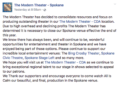 Modern Theater Spokane to close this week, Coeur d'Alene stage remains open